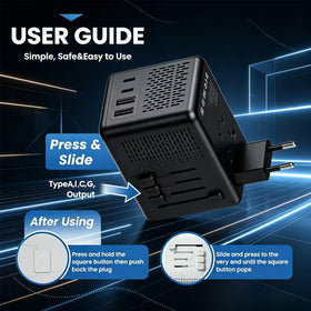IPLUSO on hotel desk charging devices showing organized travel power