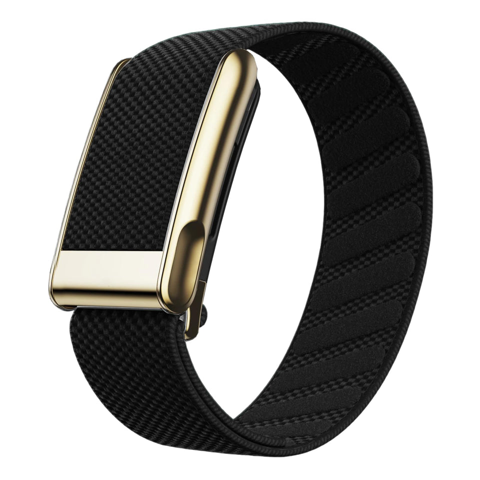 iprisu ultra-soft nylon band for WHOOP 5.0 with black and gold hardware, ideal for workouts and daily wear.