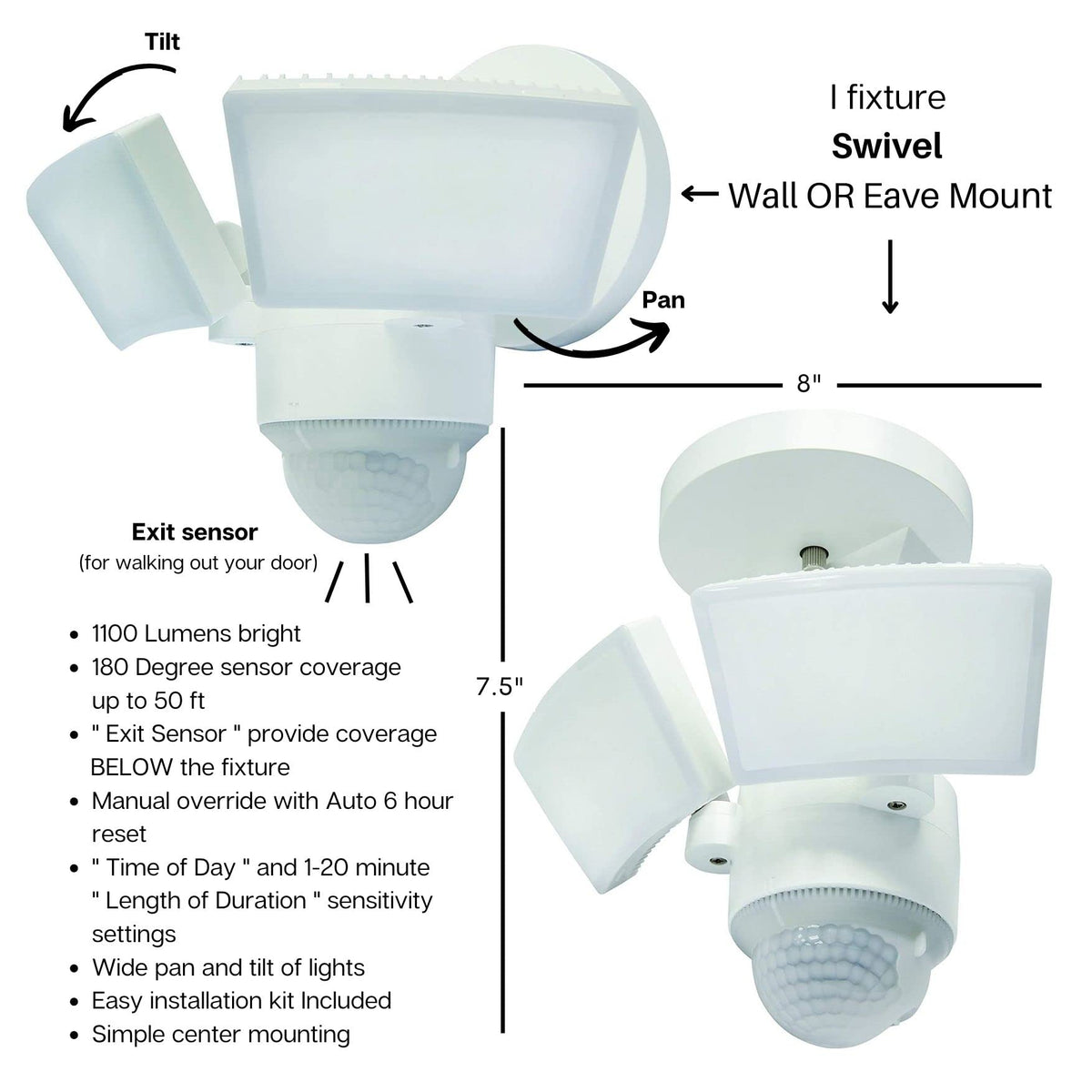 IQ America LM1811 mounted on wall or eave for flexible installation.
