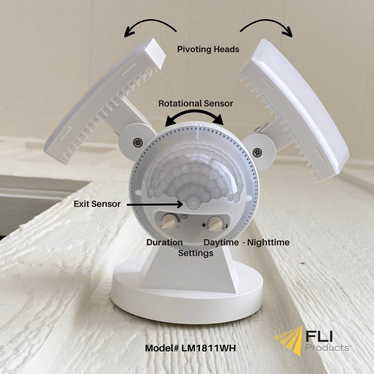IQ America floodlight rotatable sensor covers 180 degrees and up to 50 feet.