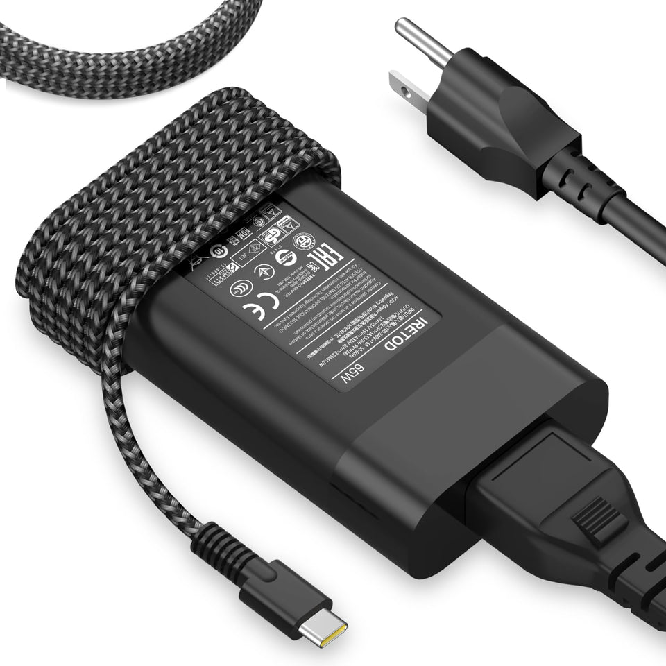 Iretod 65W USB-C charger front view; portable and travel-friendly for HP laptops.