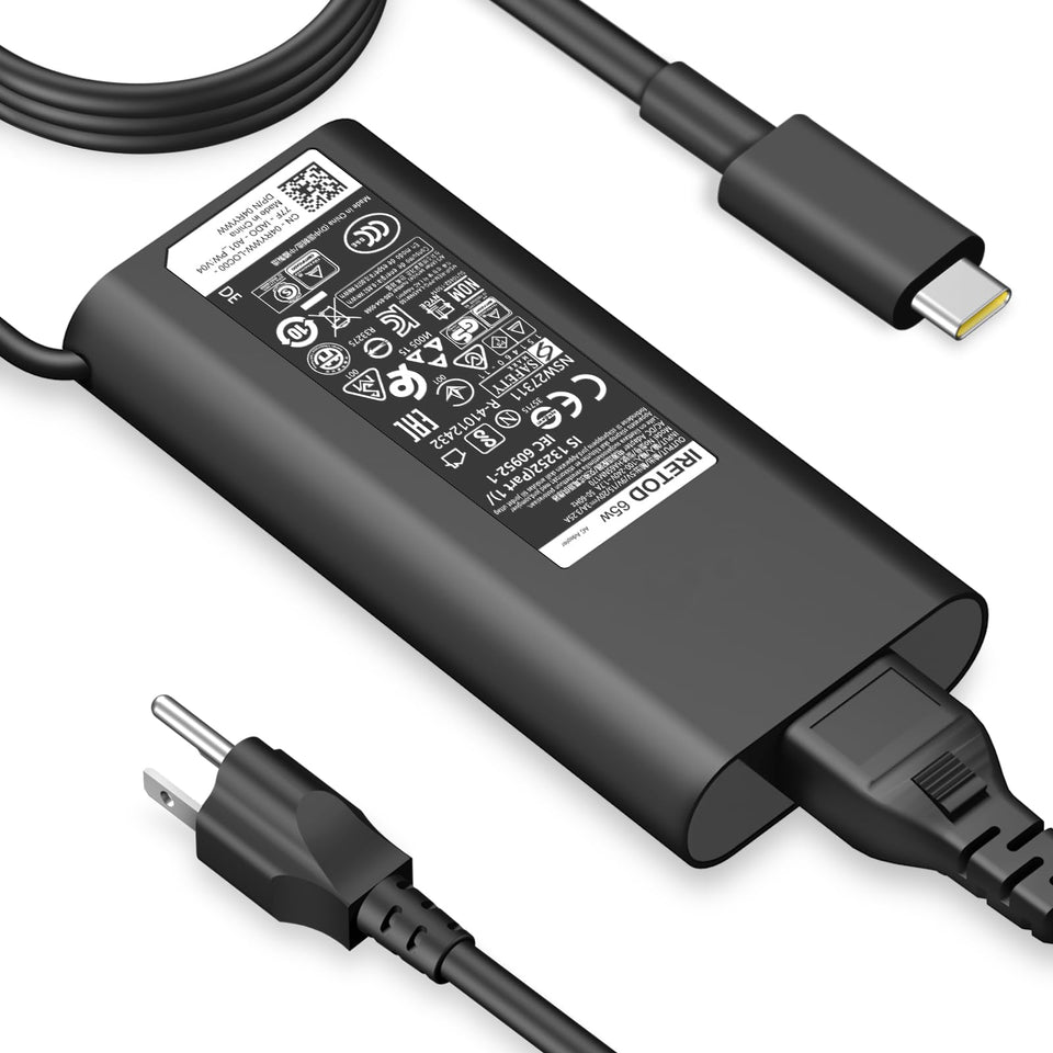 Iretod Dell 65W USB-C laptop charger for fast charging on the go.