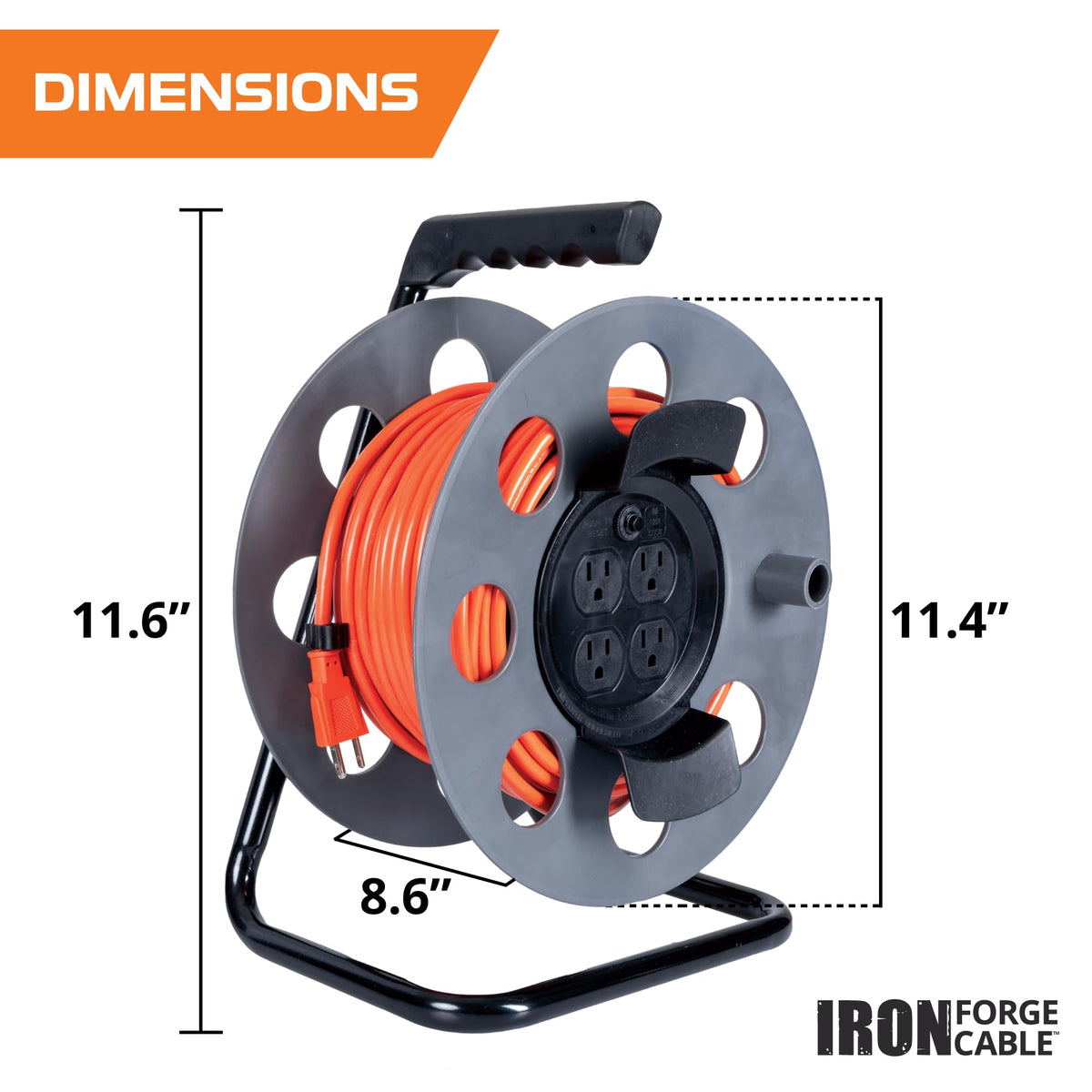 IRON FORGE CABLE four-outlet reel powering multiple tools outdoors.