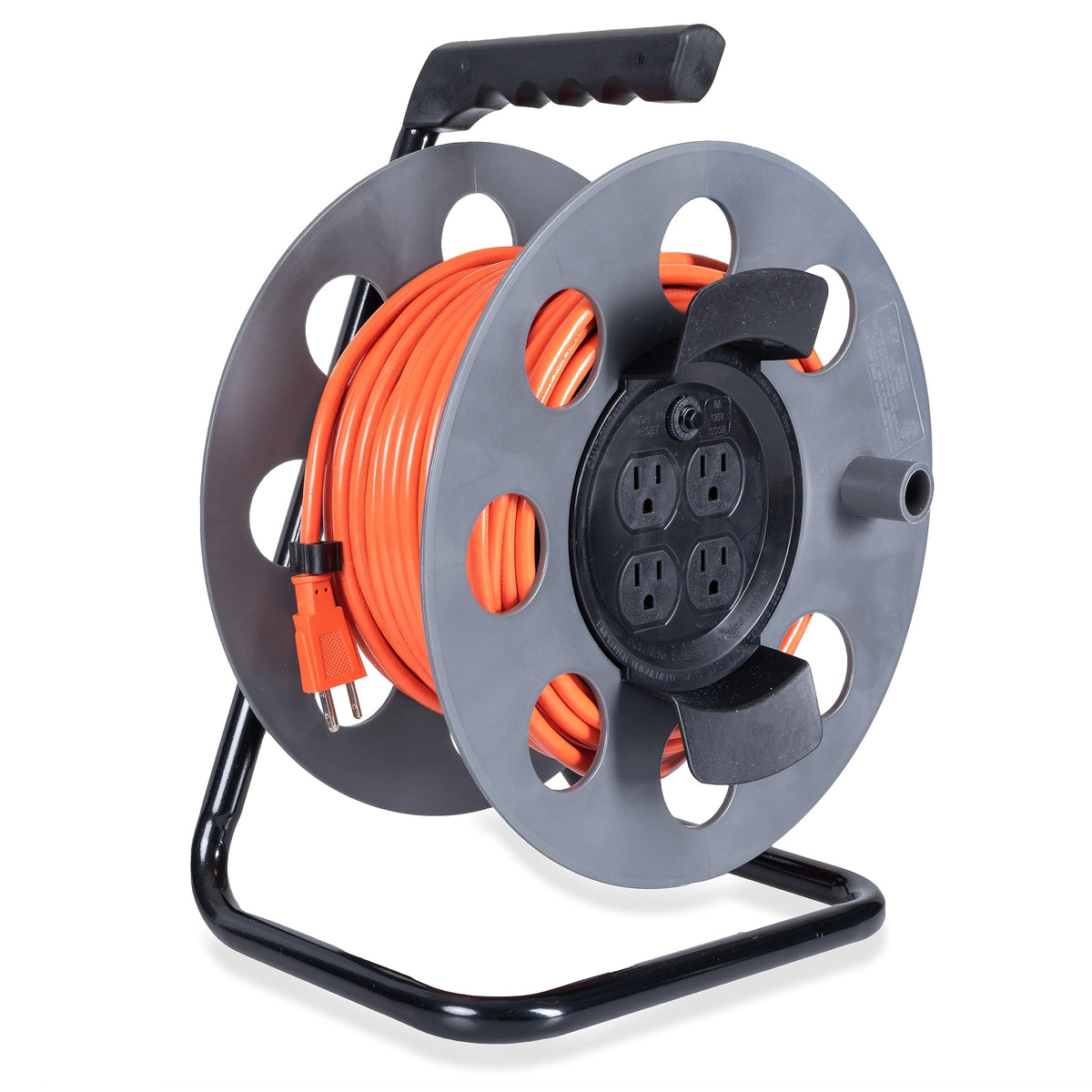 IRON FORGE CABLE 75ft extension reel with outlets for outdoor power.