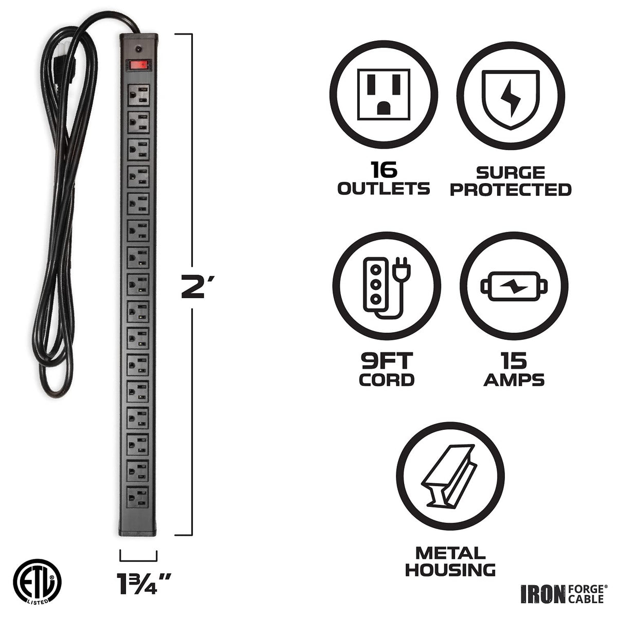 Iron Forge Cable close-up of surge protection label and built-in circuit breaker for safety