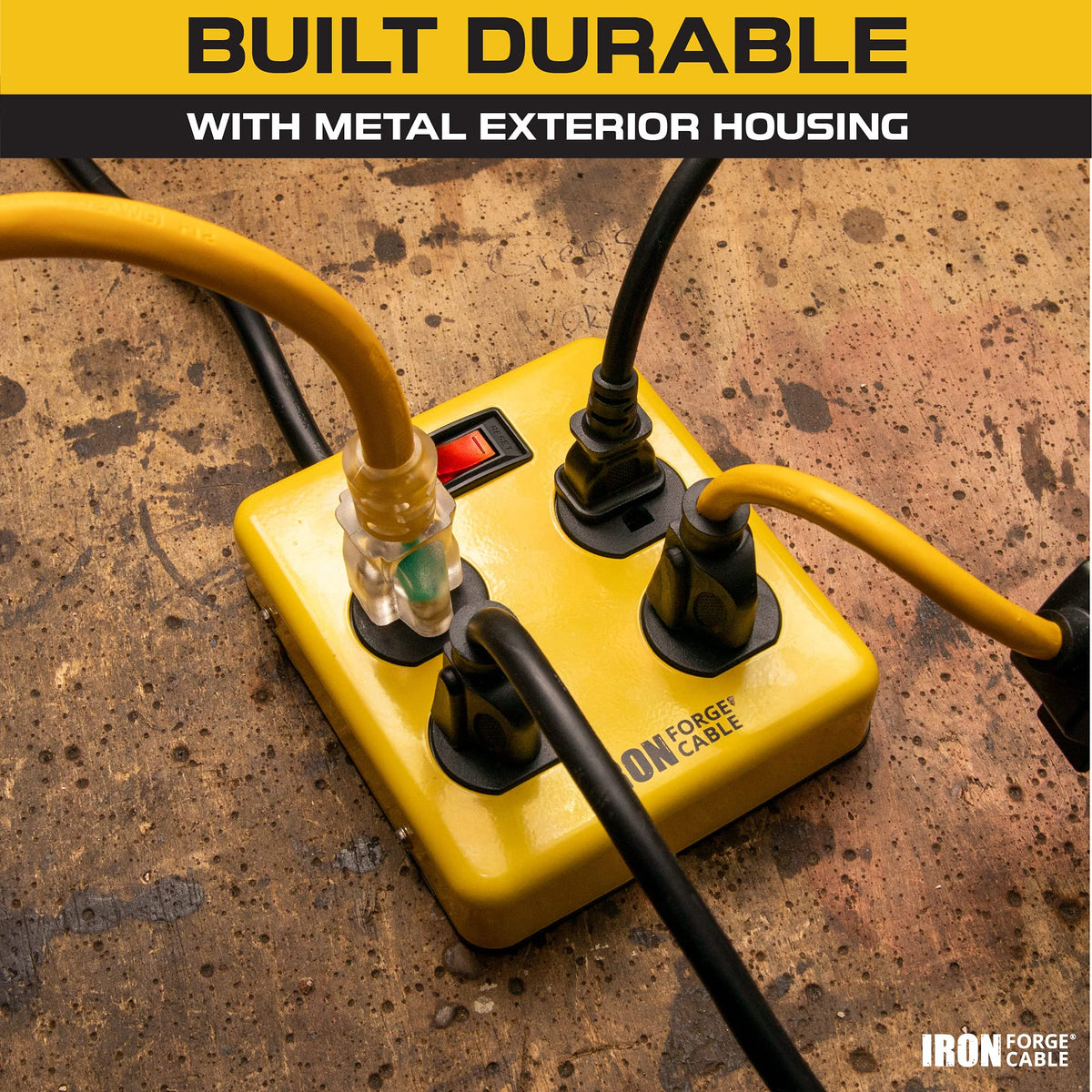 Iron Forge Cable powering tools in a workshop demonstrating practical point-of-use protection