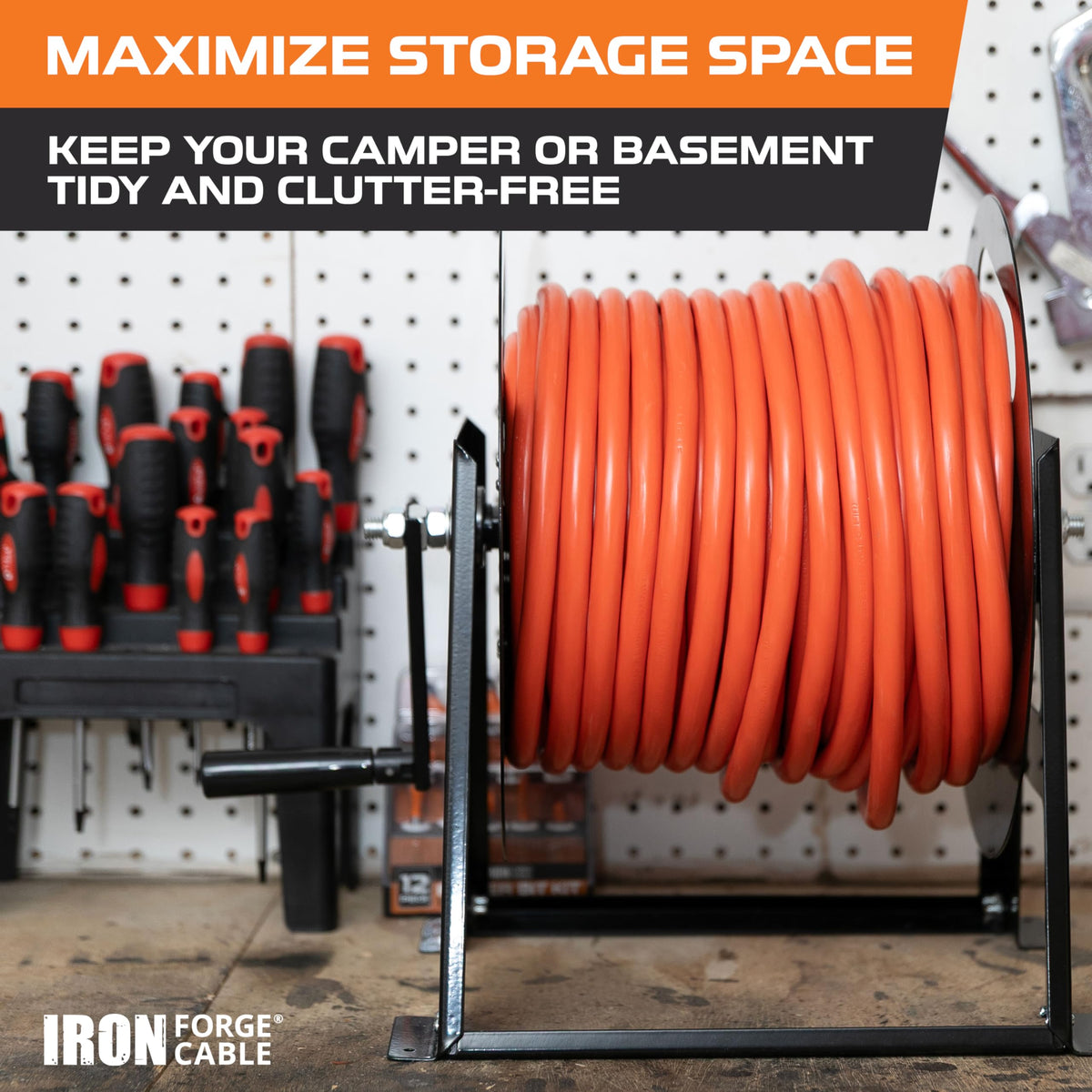 Iron Forge Cable multipurpose storage reel keeps hoses and cables organized.