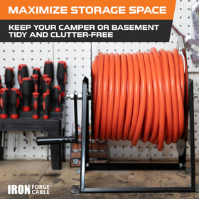 Iron Forge Cable multipurpose storage reel keeps hoses and cables organized.