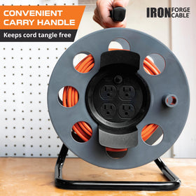IRON FORGE CABLE portable cord reel with handle for easy transport.