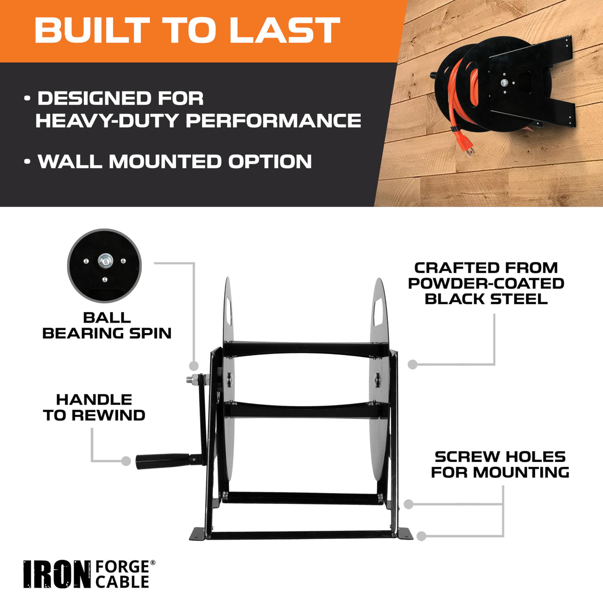 Iron Forge Cable powder-coated steel frame for heavy-duty durability.