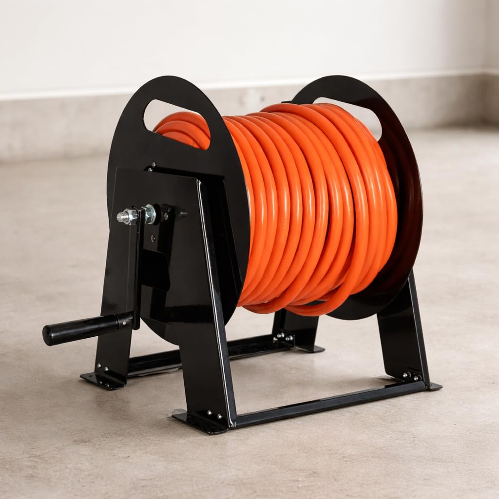 Iron Forge Cable RV power cord reel with 50 ft cord for organized storage.
