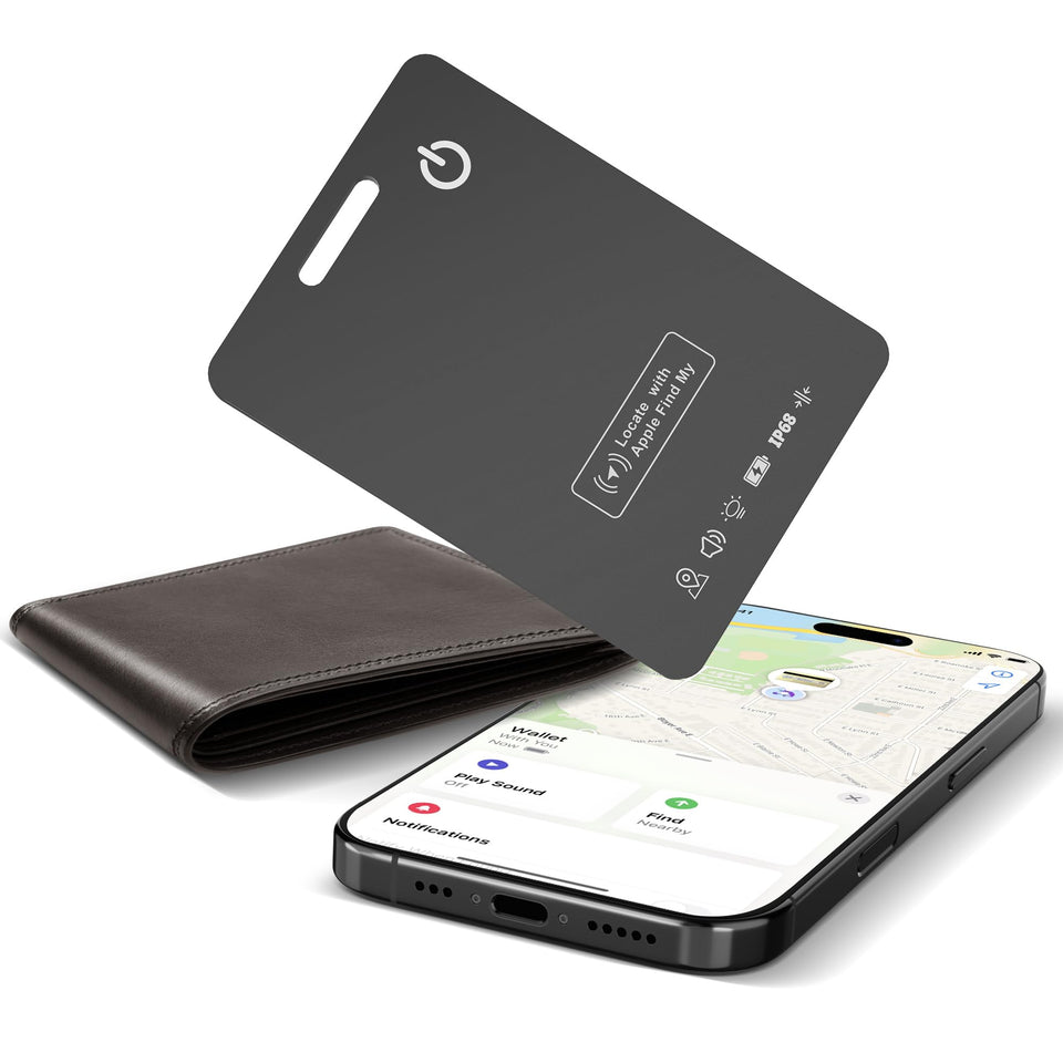 IronDance front view in wallet showing slim tracking card and easy placement benefit