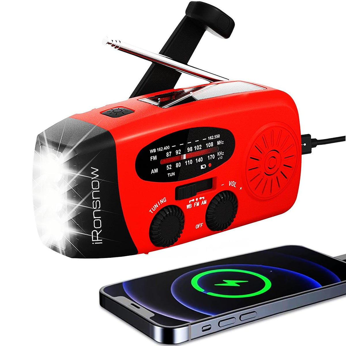 iRonsnow solar emergency hand crank radio front view showing compact design for travel