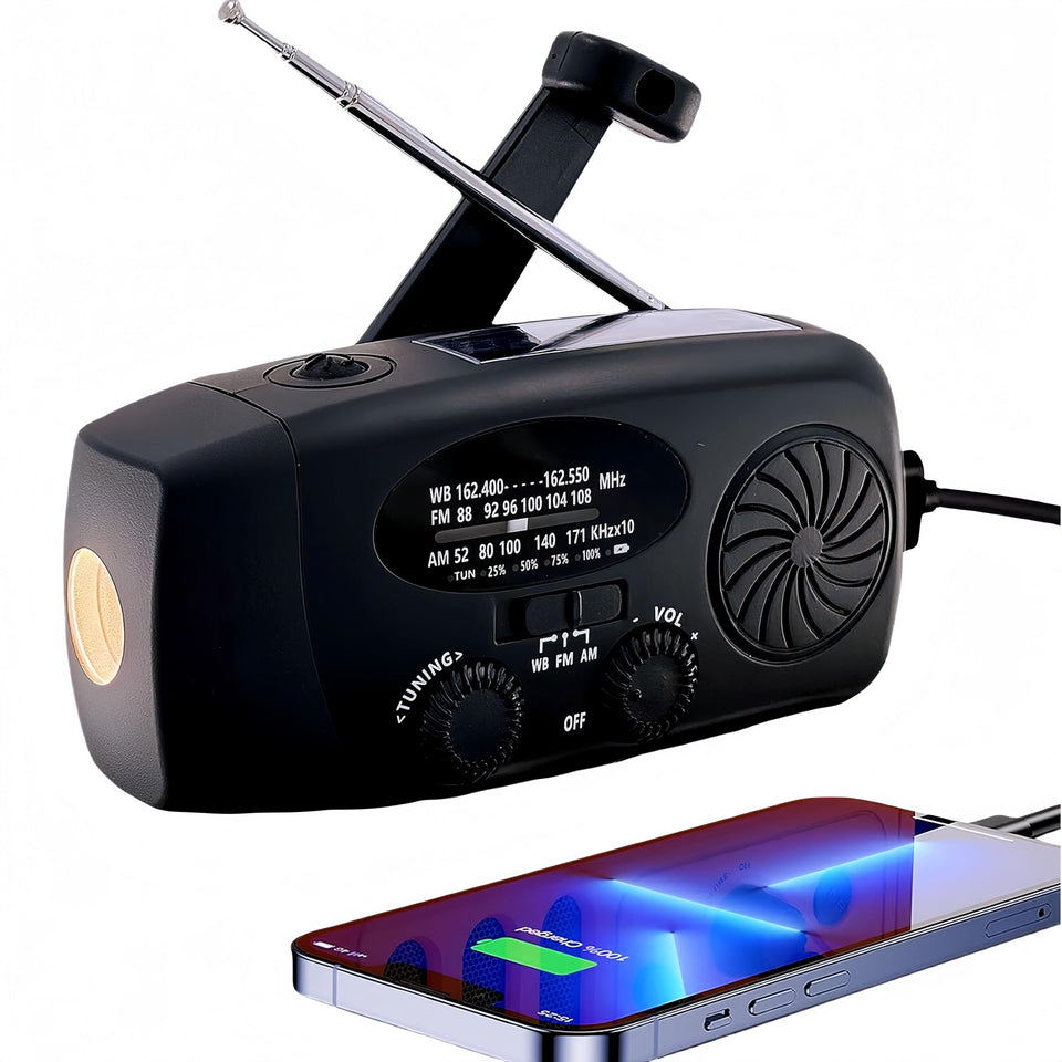 iRonsnow solar emergency radio front view shows compact design for quick weather alerts on hikes.