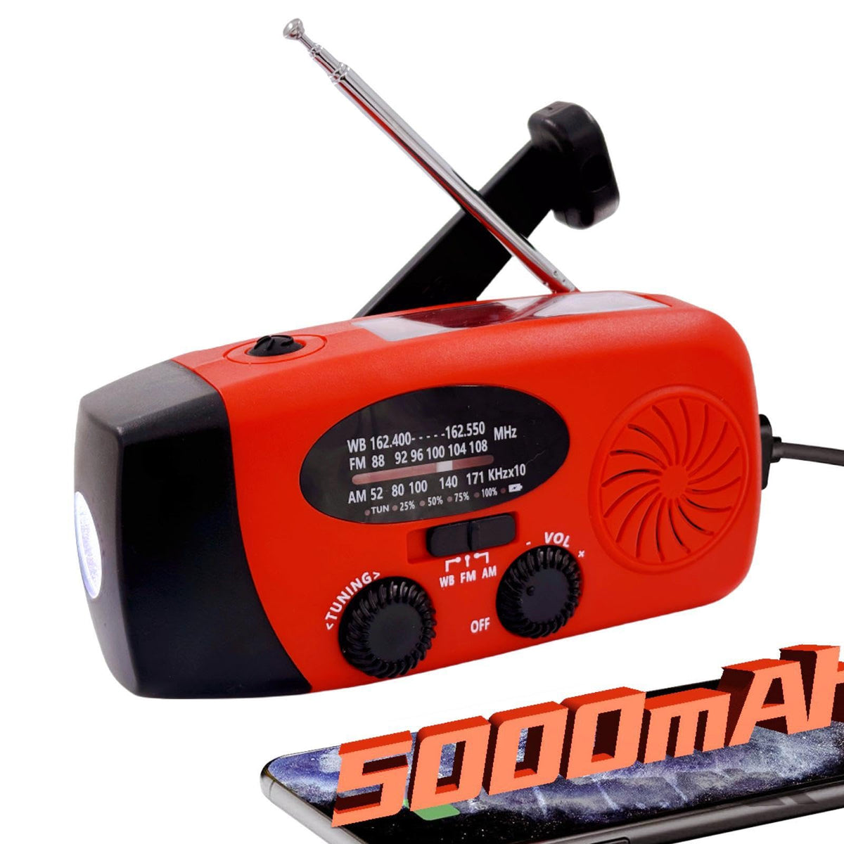 ironsnow solar emergency radio front view highlighting compact portable design for camping