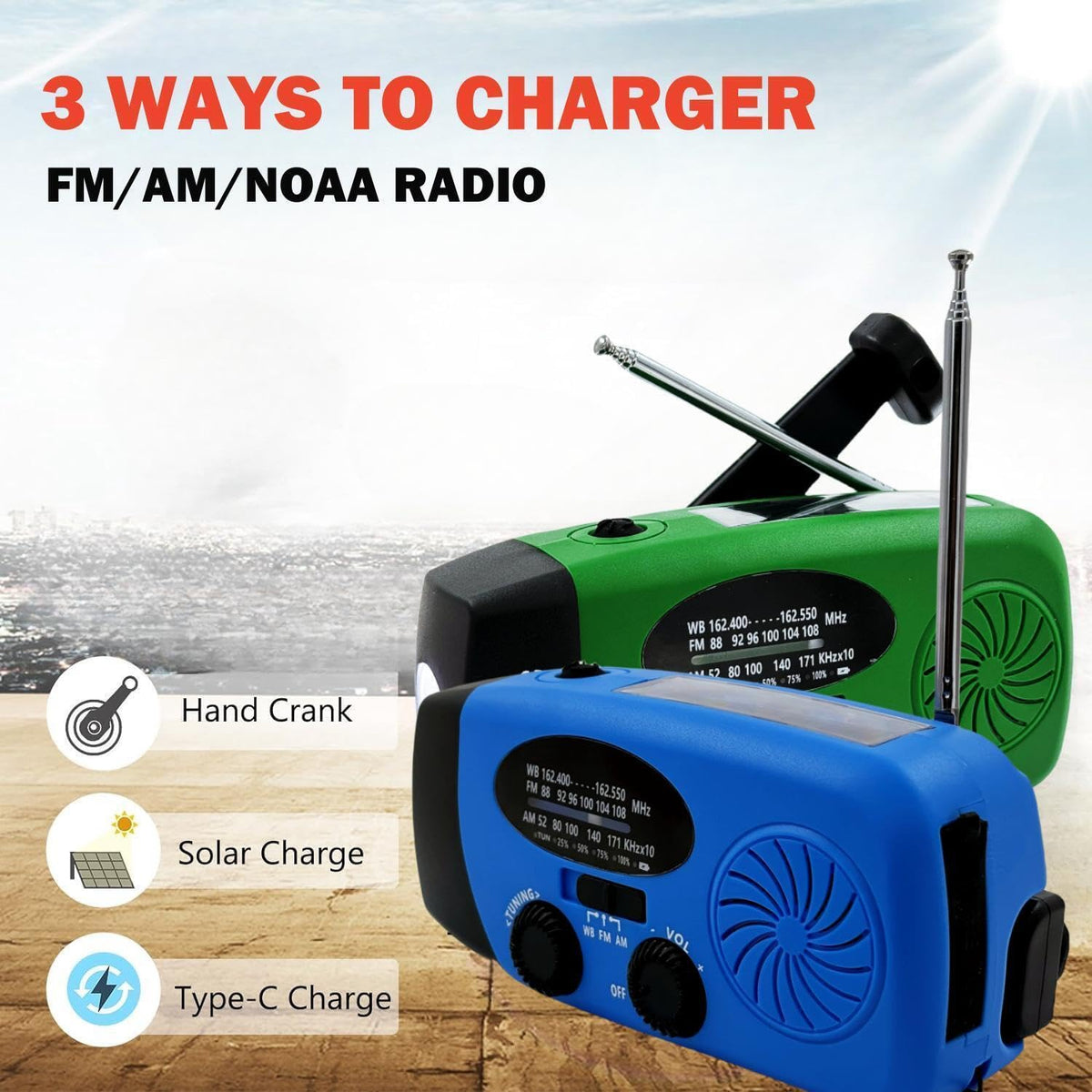 iRonsnow solar emergency radio LED flashlight with multiple modes for night visibility.