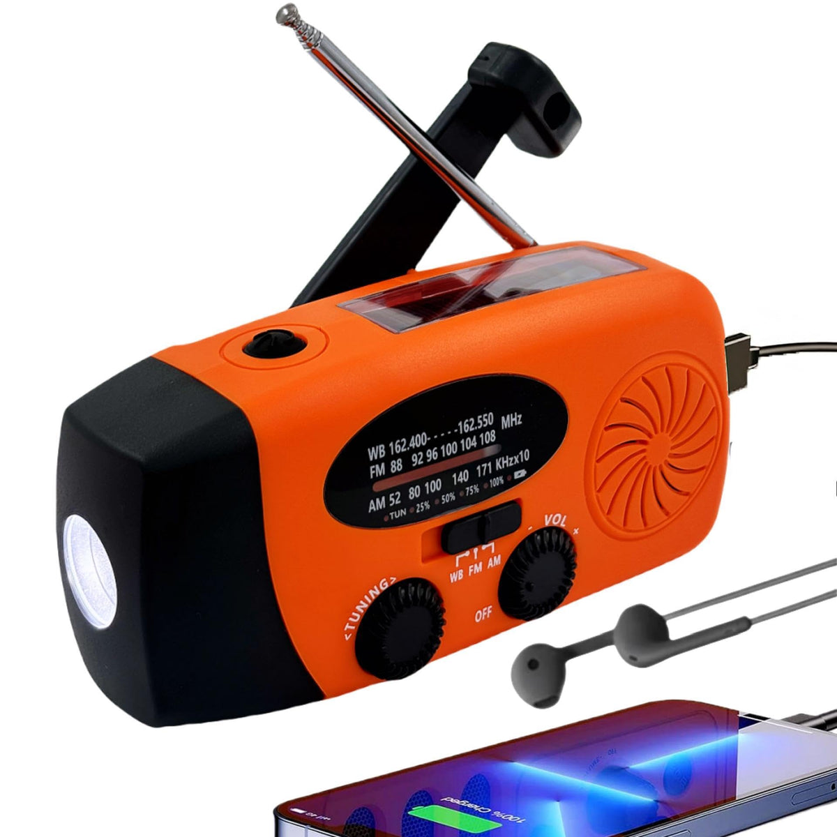 iRonsnow solar emergency radio orange, portable weather radio for camping and safety use.