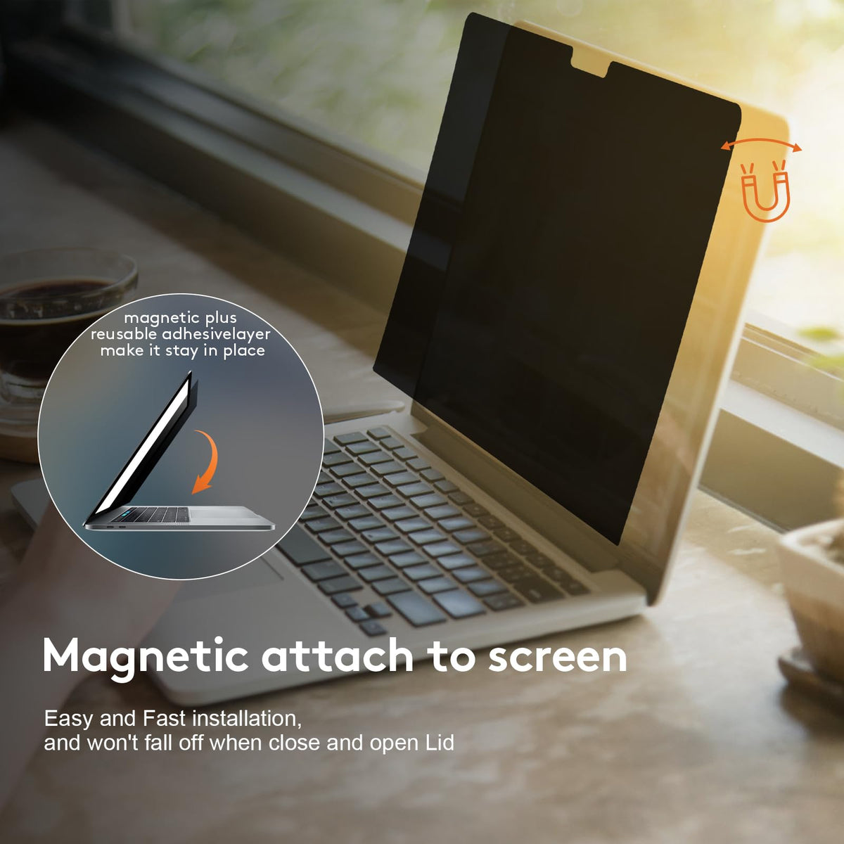 IRUYO FL in-use at a cafe reducing glare and protecting on-screen data