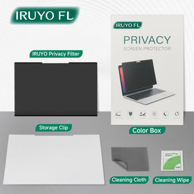 IRUYO FL in a cafe on a laptop, protects on-screen data while traveling