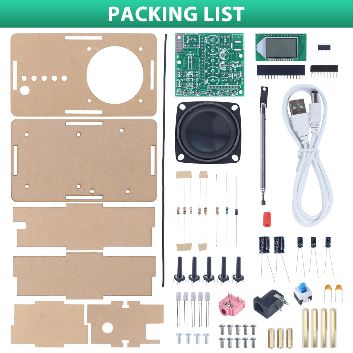 IS ICStation radio kit parts laid out for easy assembly and learning.