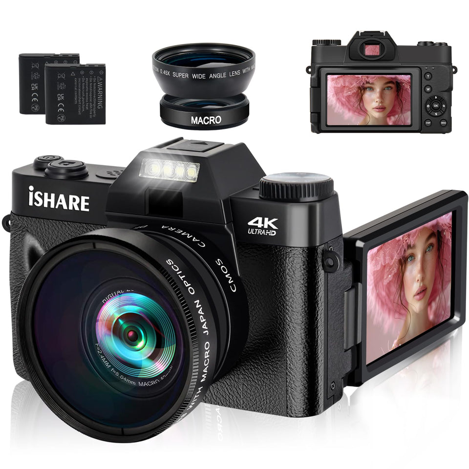 ISHARE camera front angle showing compact body and lens, highlights portability
