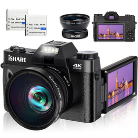 ISHARE front view showing camera and packaging, highlights portability and 4K capture