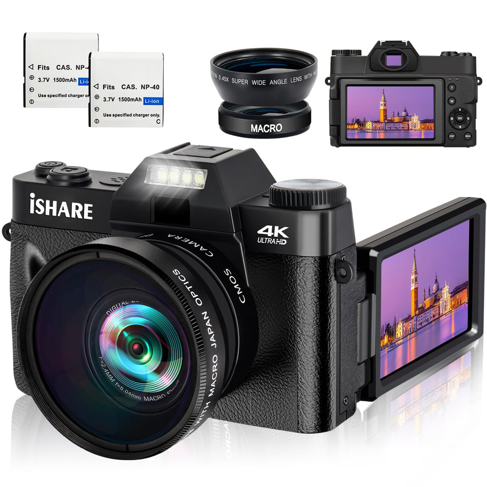 ISHARE front view showing camera and packaging, highlights portability and 4K capture