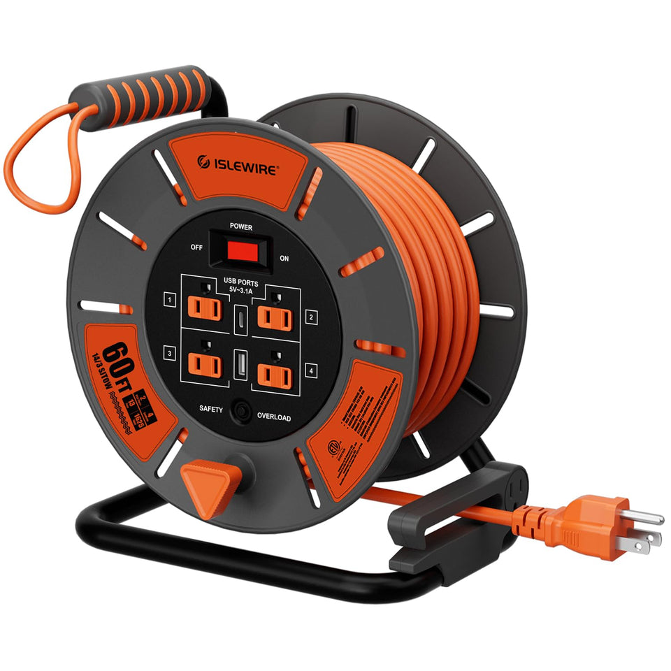 Islewire 60ft retractable extension cord reel for indoor and outdoor tasks.