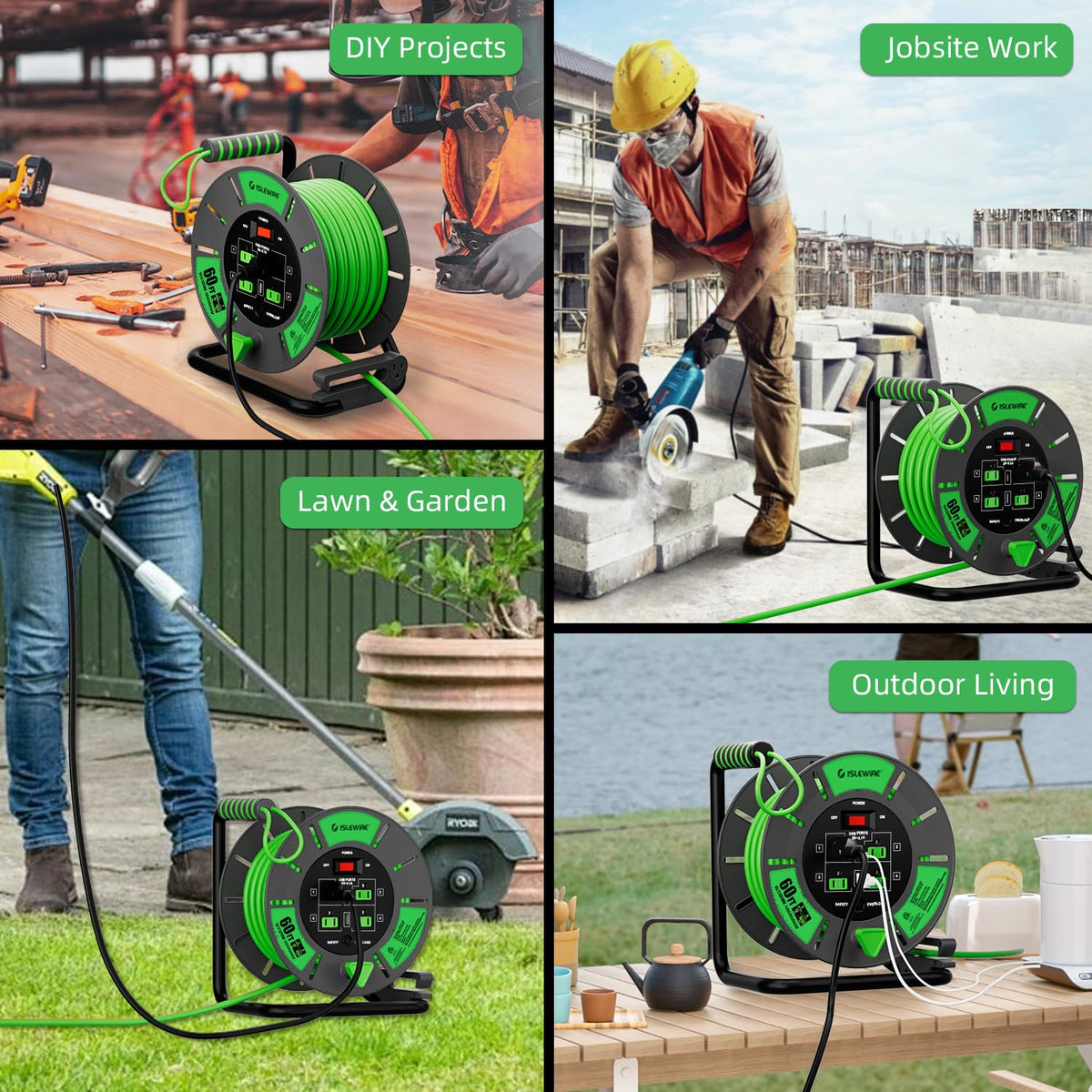 Islewire ETL-listed green extension reel for safety and visibility
