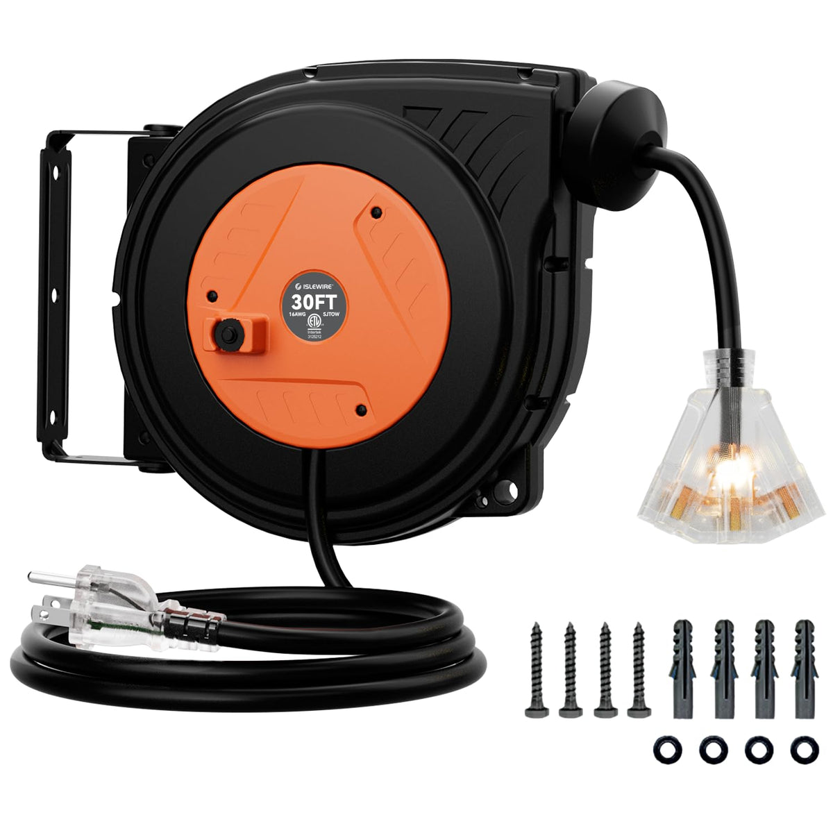islewire front view of reel showing compact housing and orange finish for organized power