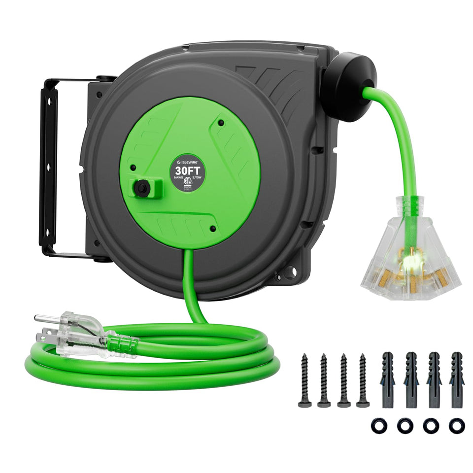 islewire front view of retractable reel showing compact housing and handle, improves storage