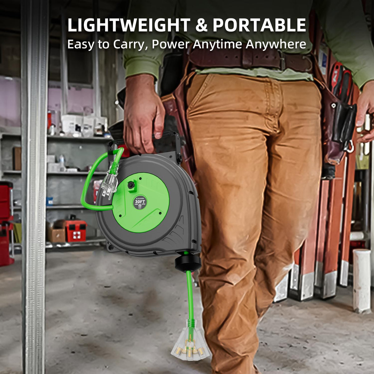 islewire in-use in garage powering tools to keep workspace organized and efficient