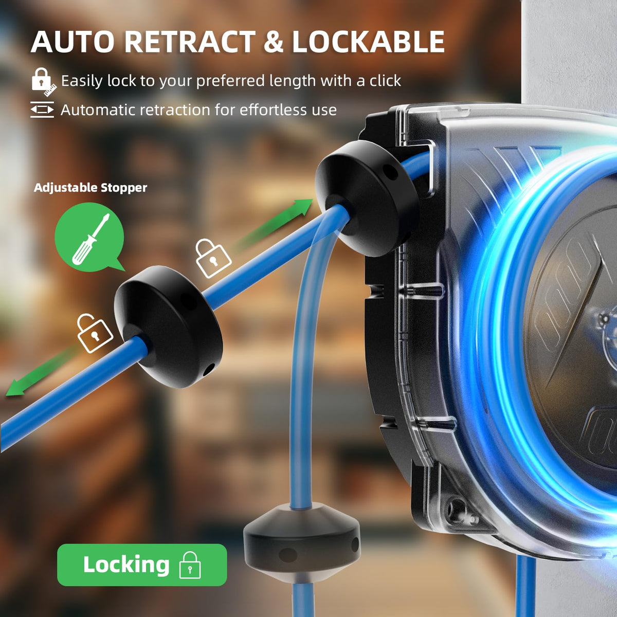 islewire reel in use at a garage workbench improving workspace efficiency