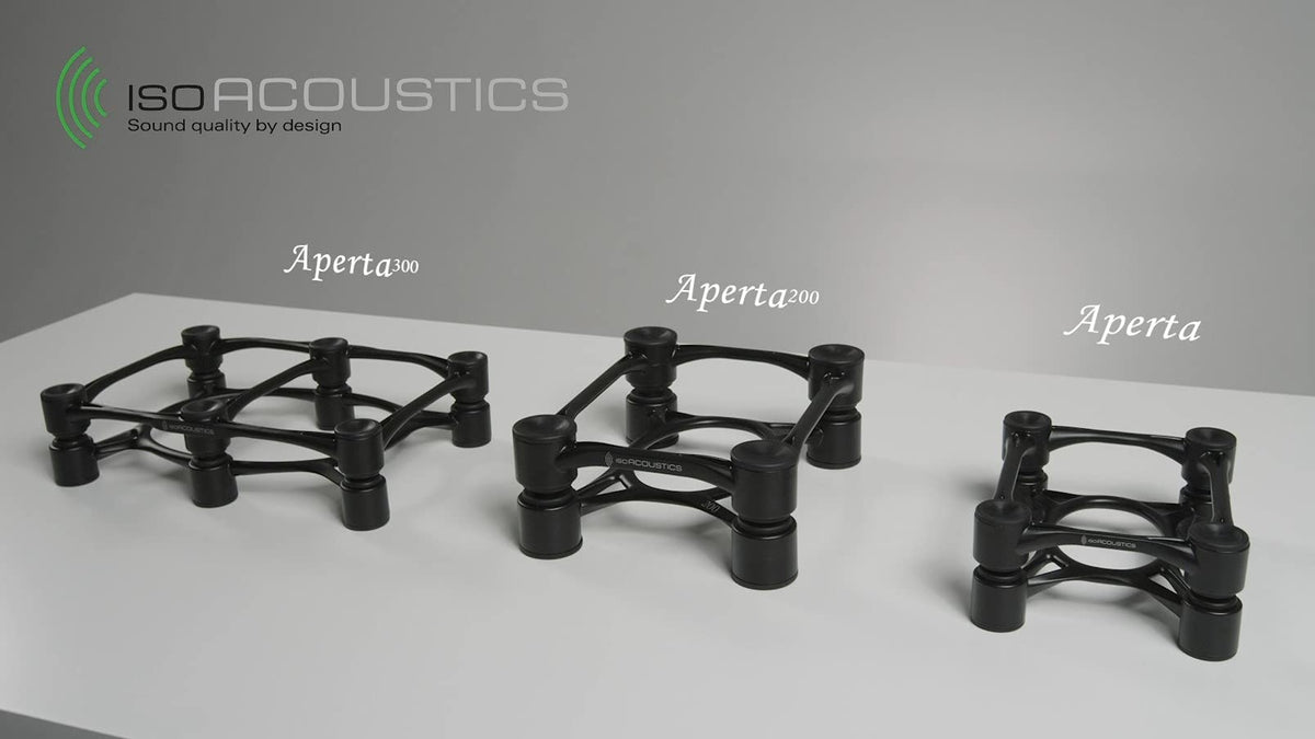 IsoAcoustics Aperta200 setup-on-speaker demonstrates tilt adjustment for ear-level aim.
