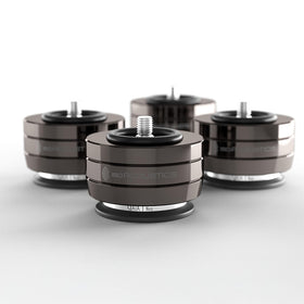 IsoAcoustics Gaia I Neo dark chrome foot closeup showing premium isolation design for speakers.
