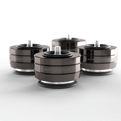IsoAcoustics Gaia I Neo dark chrome foot closeup showing premium isolation design for speakers.