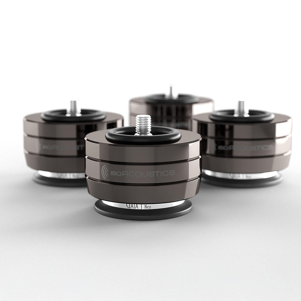 IsoAcoustics Gaia I Neo dark chrome foot closeup showing premium isolation design for speakers.