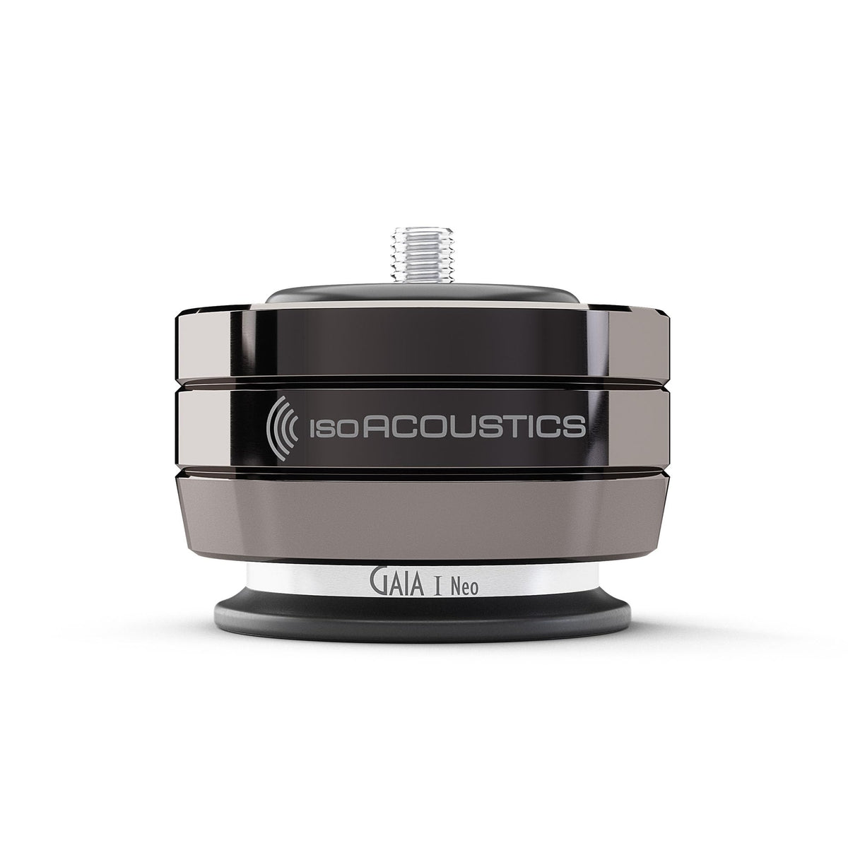 Gaia I Neo dark chrome foot on a speaker enhancing stability and isolation.