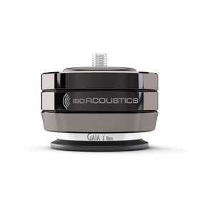 Gaia I Neo dark chrome foot on a speaker enhancing stability and isolation.