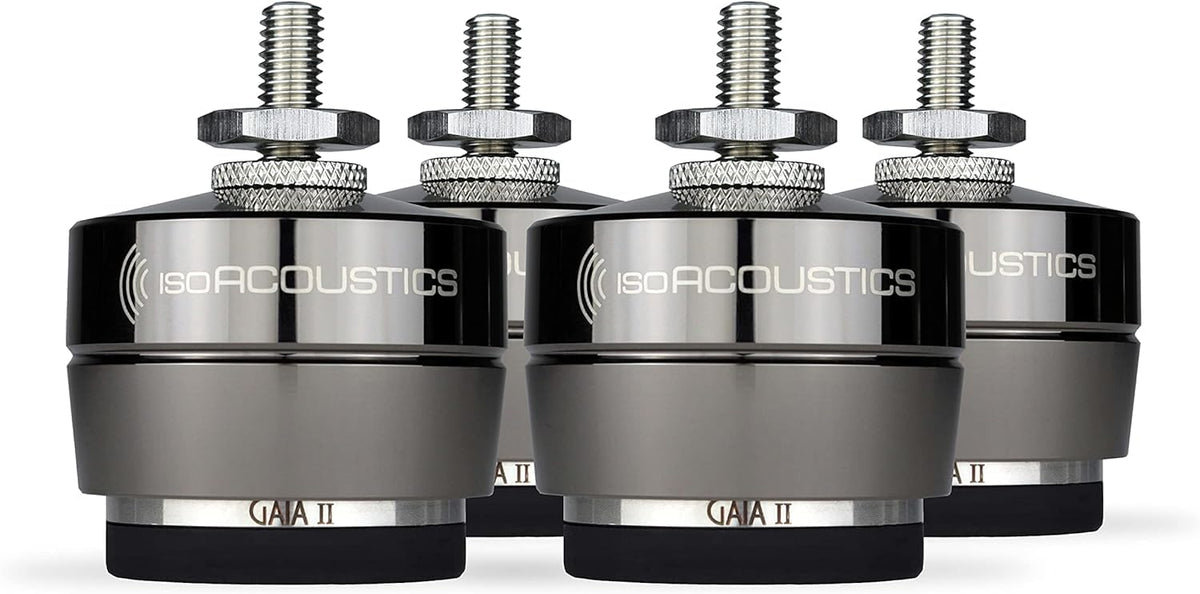 IsoAcoustics Gaia II isolation feet stabilizing speakers.