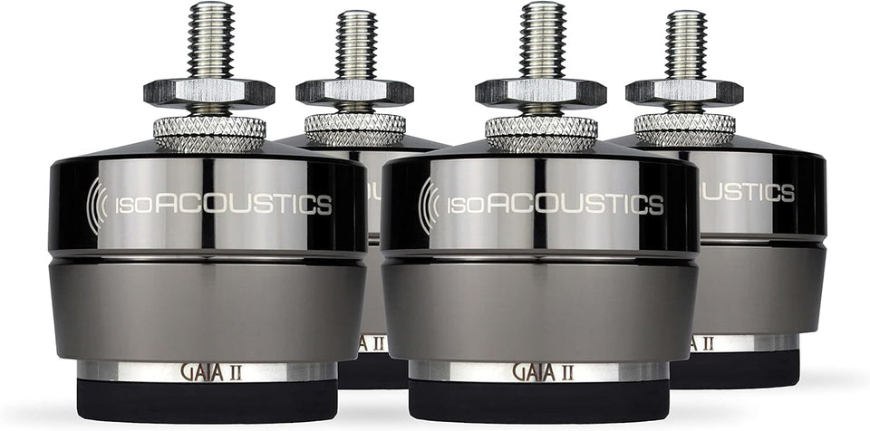 IsoAcoustics Gaia II isolation feet stabilizing speakers.