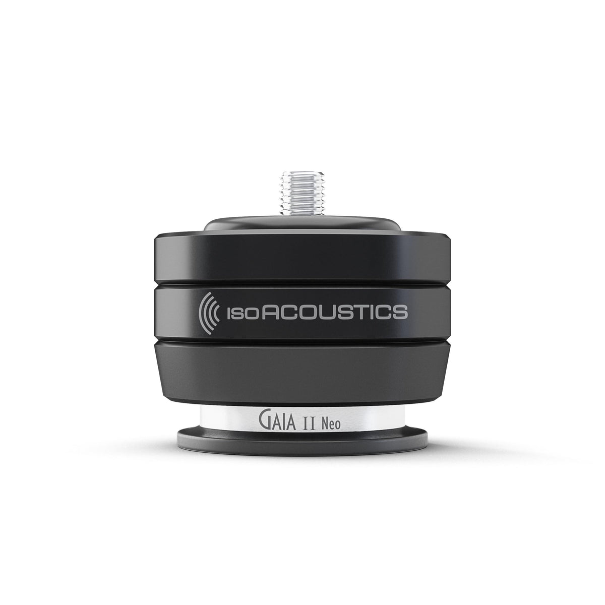 IsoAcoustics Gaia II Neo isolation feet for subwoofers in black reduce vibration for cleaner bass.