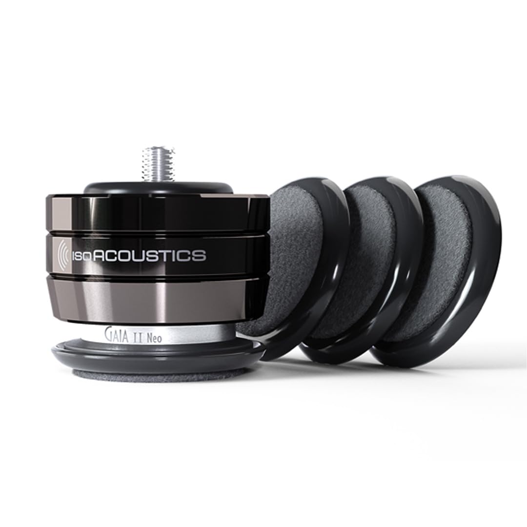IsoAcoustics Gaia II Neo four piece packaging demonstrates the set of four feet.