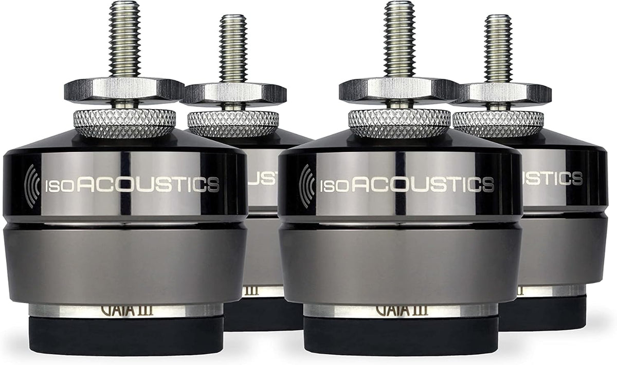 IsoAcoustics Gaia III isolation feet installed under a speaker