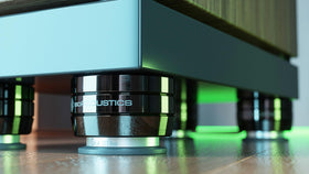 Gaia III Neo on floor under subwoofer for reduced rattles.