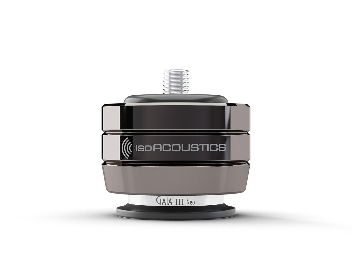 Side view of Gaia III Neo dark chrome foot showing pivoting base for stable contact on uneven floors.