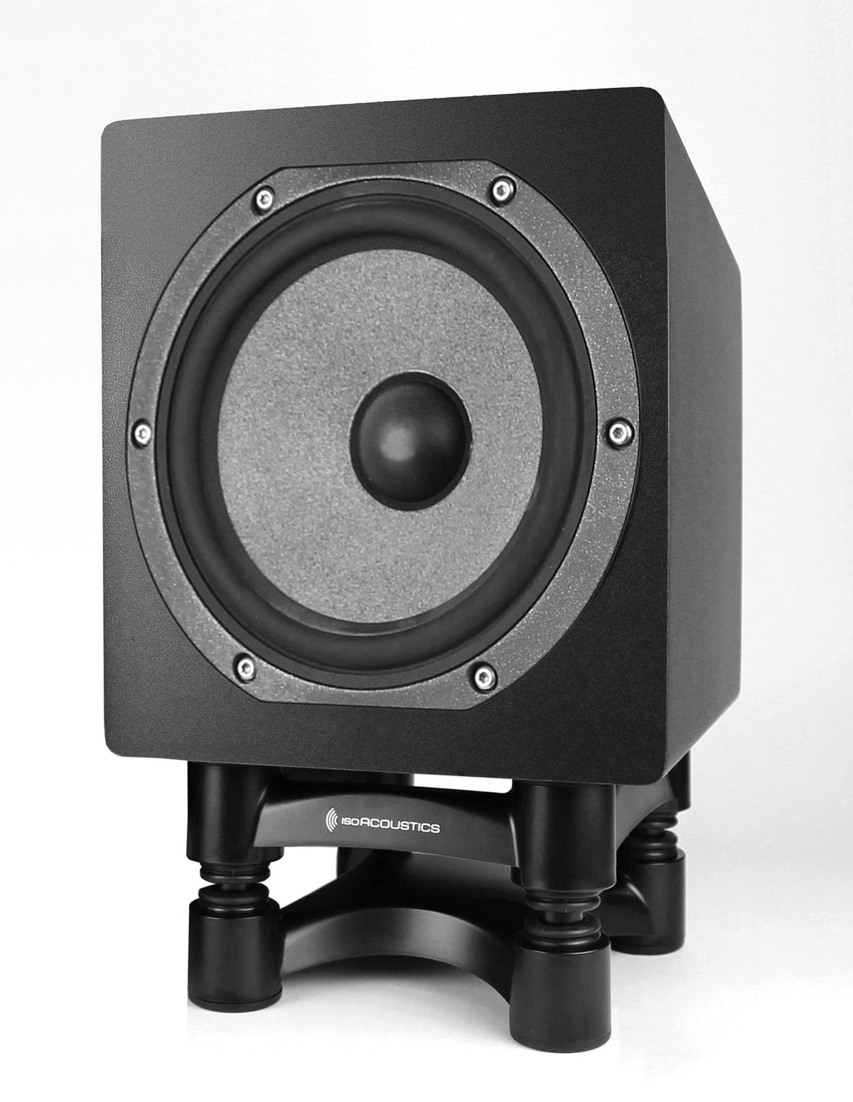 IsoAcoustics ISO-200Sub under subwoofer in room demonstrating cleaner bass