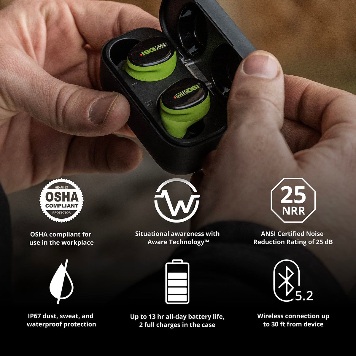 ISOtunes Free Aware charging case adds 26+ hours of power on the go.