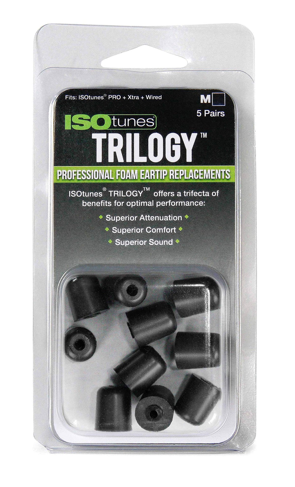 ISOtunes Trilogy foam eartips medium black pack for PRO, Xtra, Wired with comfortable seal