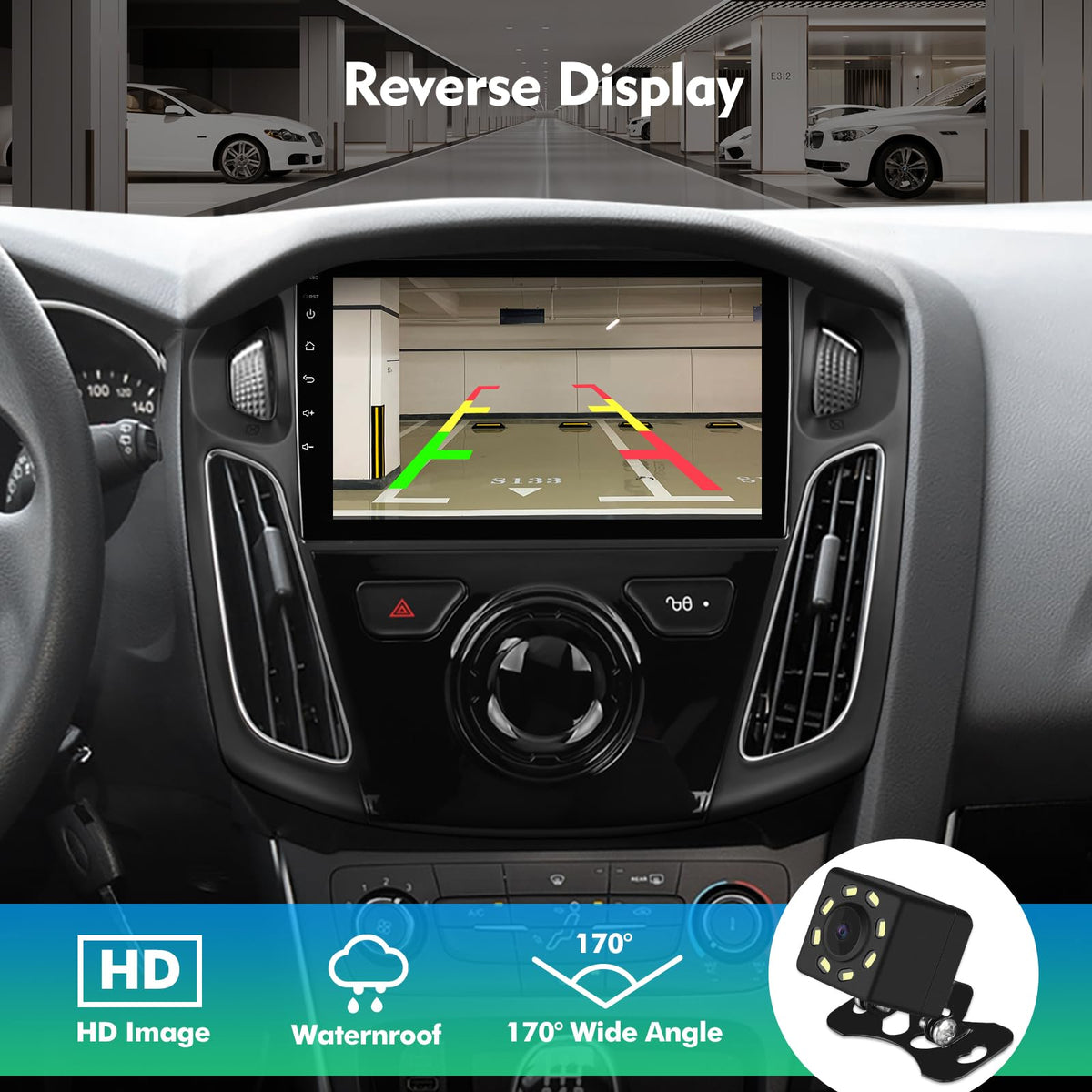 ISUDAR backup camera view aiding parking in Ford Focus